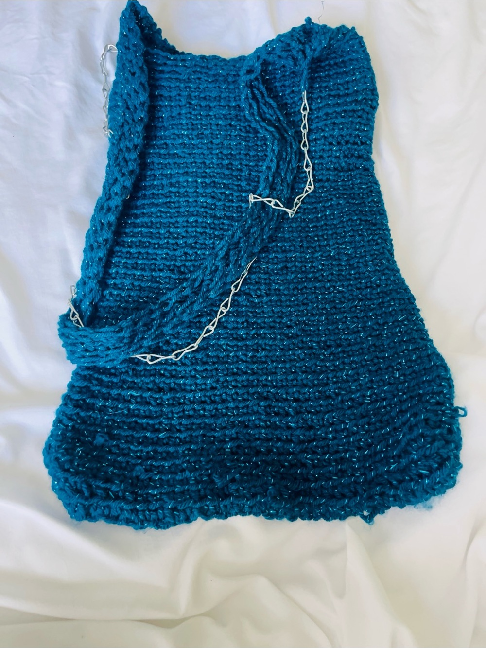 Handmade Teal Crochet Crossbody Bag with Silver Chain